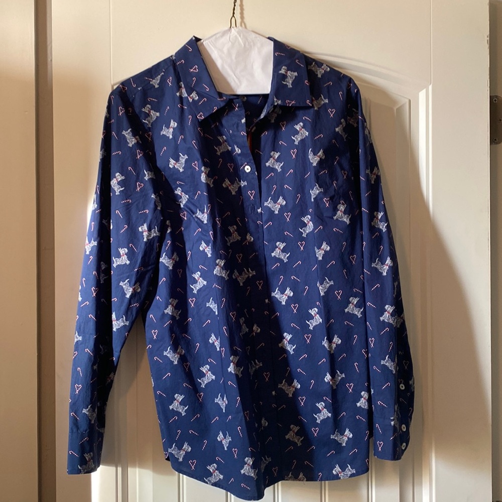 Talbots terrier and candy cane navy blue button down blouse!